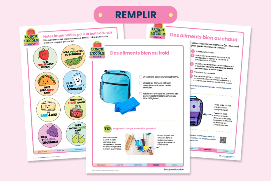 Lunch pour l'école notes imprimables pour la boîte à lunch, garder des aliments bien au chaud dans un contenant isotherme  et garder les aliments bien au froid