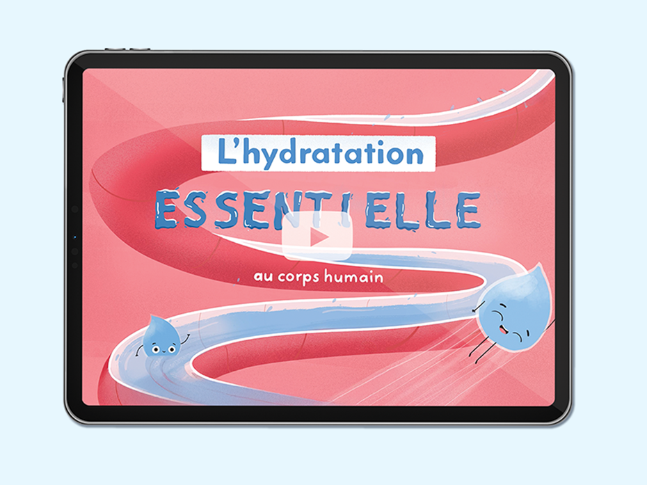 tablette avec illustrations d'une goutte d'eau qui se promène dans l'estomac. Texte sur l'image:  hydratation: essentielle au corps humain.