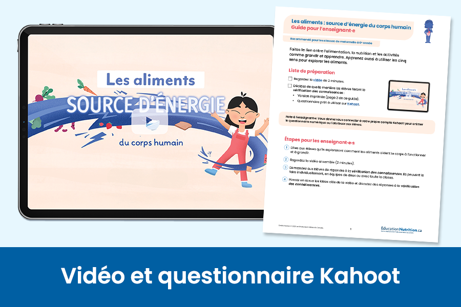 Illustrations d'un jeune enfant avec de l'énergie et des aliments qui l'entoure. Texte sur l'image: les aliments- source d'énergie du corps humain.