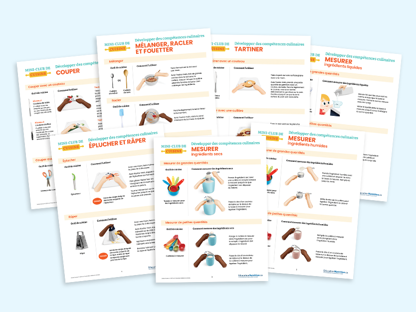 Feuilles d'activités montrant les illustrations pour développer des techniques culinaires