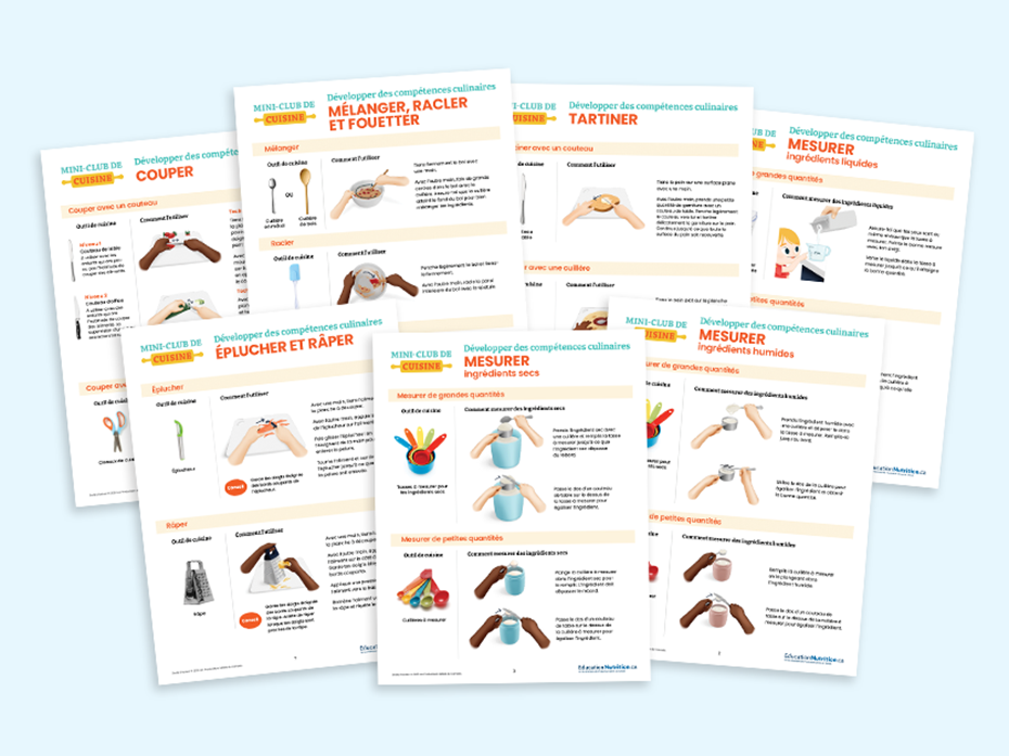 Feuilles d'activités montrant les illustrations pour développer des techniques culinaires