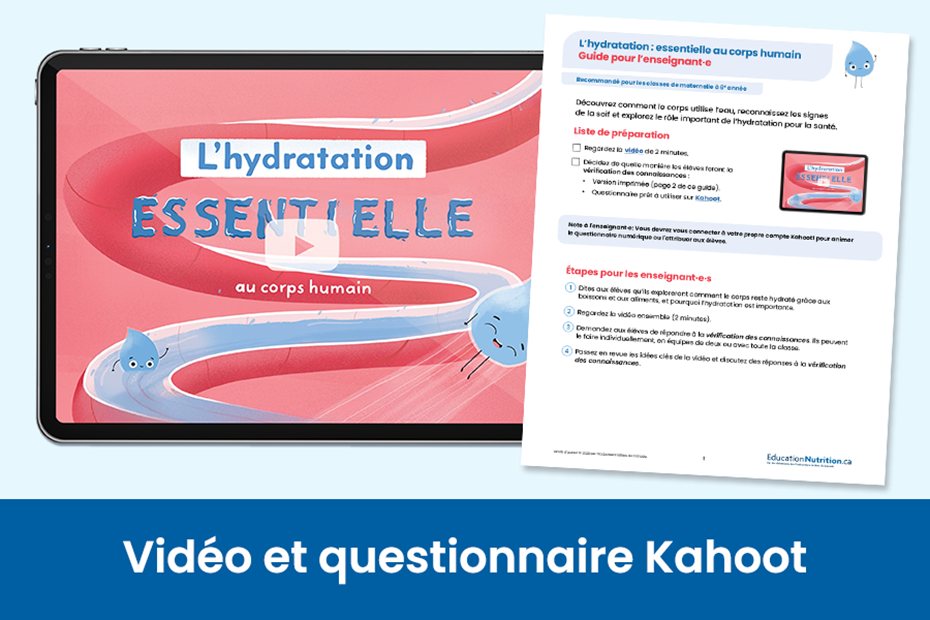 tablette avec illustrations d'une goutte d'eau qui se promène dans l'estomac. Texte sur l'image:  hydratation- essentielle au corps humain..
