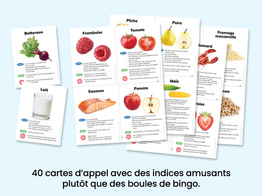 cartes d'appel de bingo avec images d'aliments