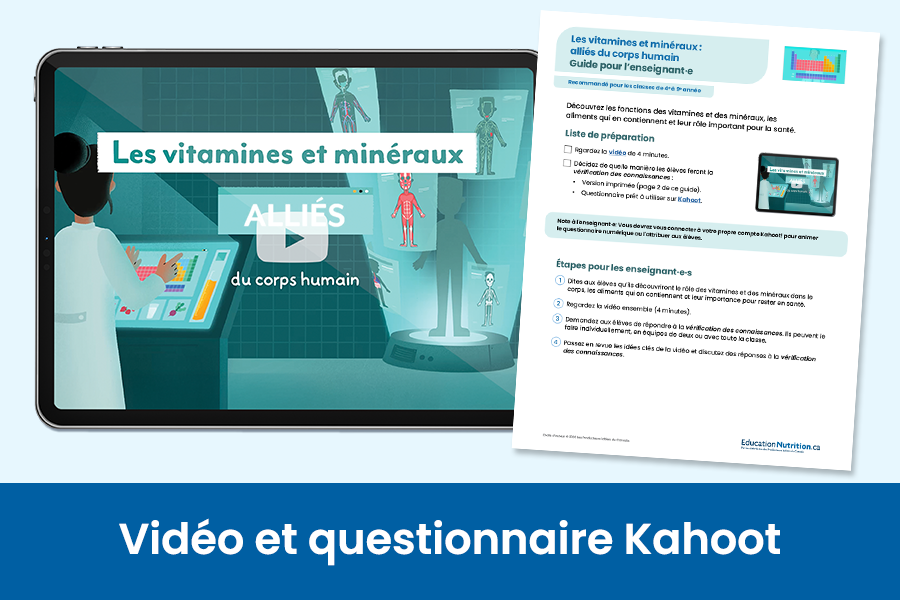 tablette avec des illustrations des différents systèmes du corps humain. Texte sur l'image: vitamines et minéraux- alliés du corps humain