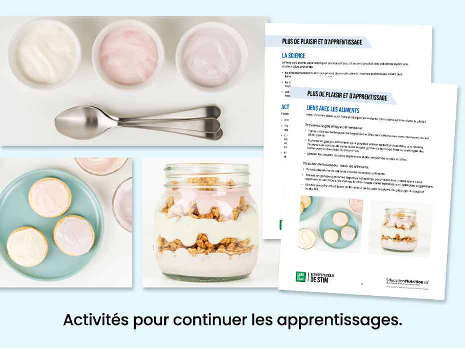 Trempette au yogourt, biscuits et parfaits au yogourt qui utilisent des colorants à base d’aliments - activités pour continuer les apprentissages - Programme Le labo des aliments - STIM