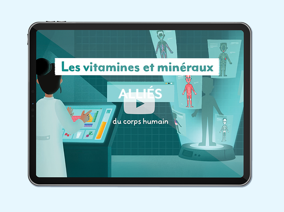 tablette avec des illustrations des différents systèmes du corps humain. Texte sur l'image: vitamines et minéraux- alliés du corps humain
