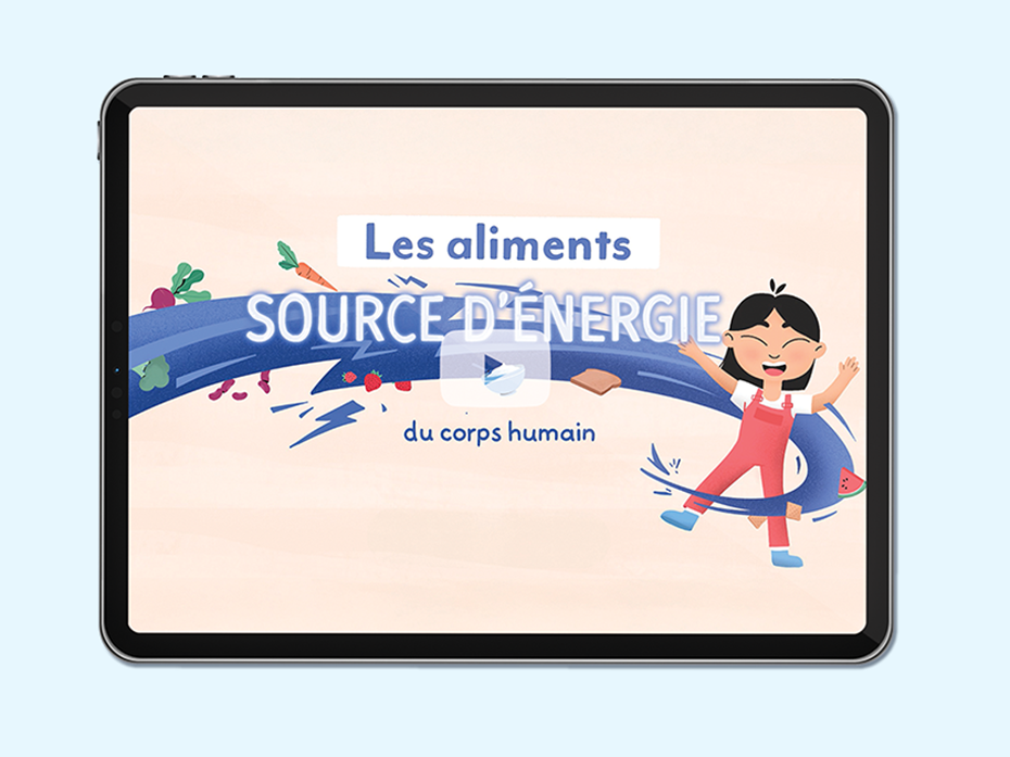 Illustrations d'un jeune enfant avec de l'énergie et des aliments qui l'entoure. Texte sur l'image: les aliments- source d'énergie du corps humain.