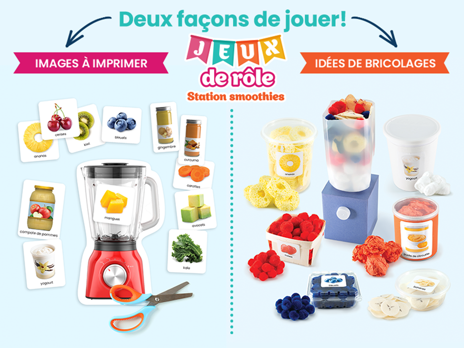 Deux facons de jouer! Images à imprimer et idées de bricolages. Jeux de role station smoothies.