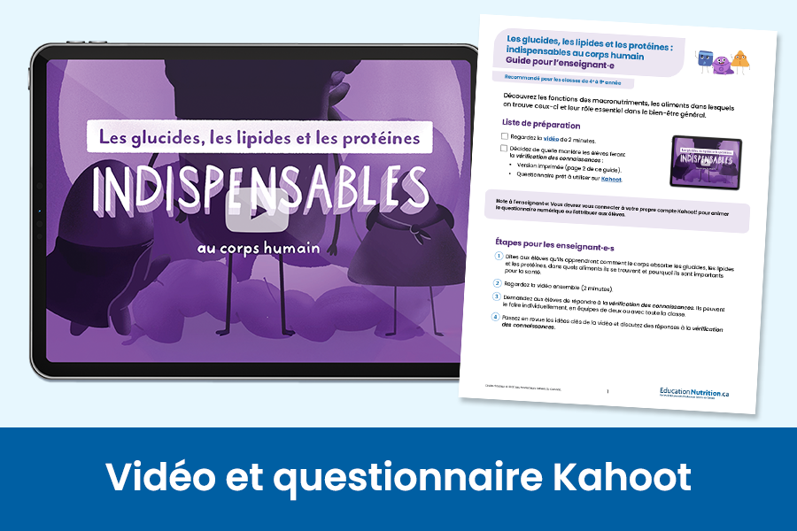 Tablette avec texte: les glucides, les lipides et les protéines: indispensables au corps humain.